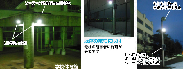 【学校体育館】既存の柱や壁面に取付けています。既存の電柱を利用する場合は電柱の所有者に許可が必要です。